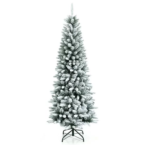 6.5ft Snow-Flocked Hinged Artificial Christmas Pencil Tree w/ 829 Mixed Tips - Walmart.com | Walmart (US)
