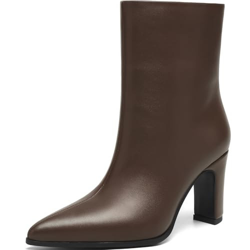 AIUNIIND Brown Ankle Boots for Women Dressy, Brown heel booties, Pull-On Smooth Faux Leather Dress Boots, Fashion Fall boots for Women Size 6.5 | Amazon (US)