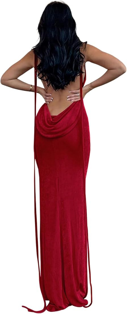 Volemo Slip Bodycon Dresses for Women Spaghetti Strap Lace Up Backless Cowl Neck Maxi Mermaid Coc... | Amazon (US)