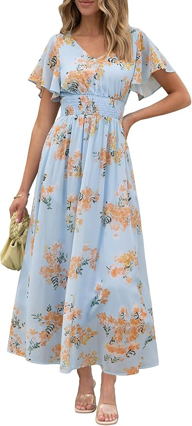 ANRABESS Womens Summer Floral Maxi Dress Casual V Neck Short Sleeve Chiffon Boho Flowy Beach 2025... | Amazon (US)