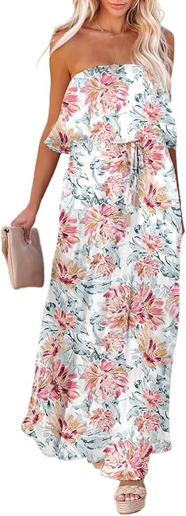 Dokotoo Womens Strapless Dresses Casual Summer High Waist Side Split Flowy Boho Maxi Dress | Amazon (US)