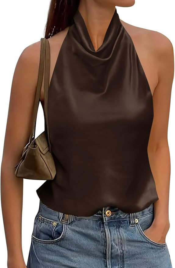 Cicy Bell Womens Satin Halter Tops Y2k Going Out Mock Neck Backless Tank | Cowl Neck, Draped Ruch... | Amazon (US)