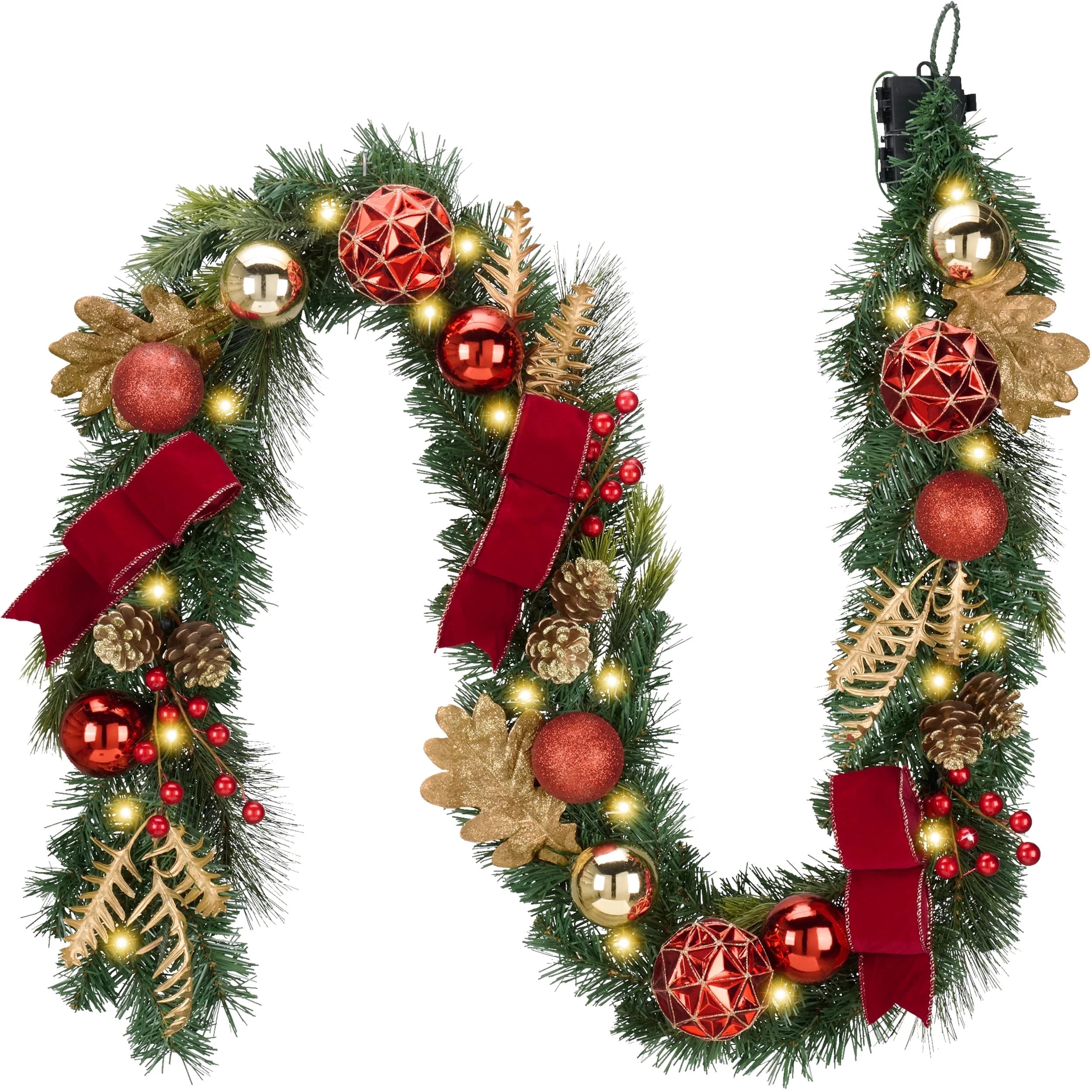 Valery Madelyn 6 ft Pre-Lit Christmas Garland Red Gold Lighted Garland with Bow & Ornament Perfec... | Walmart (US)