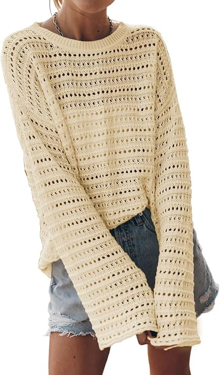 Sidefeel Womens Fall Sweaters 2025 Lightweight Casual Long Sleeve Crochet Hollow Out Knit Pullove... | Amazon (US)