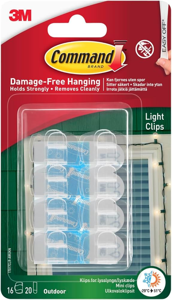 Command Outdoor Decorating Light Clips - 16 Mini Hooks and 20 Small Adhesive Strips,Transparent -... | Amazon (UK)