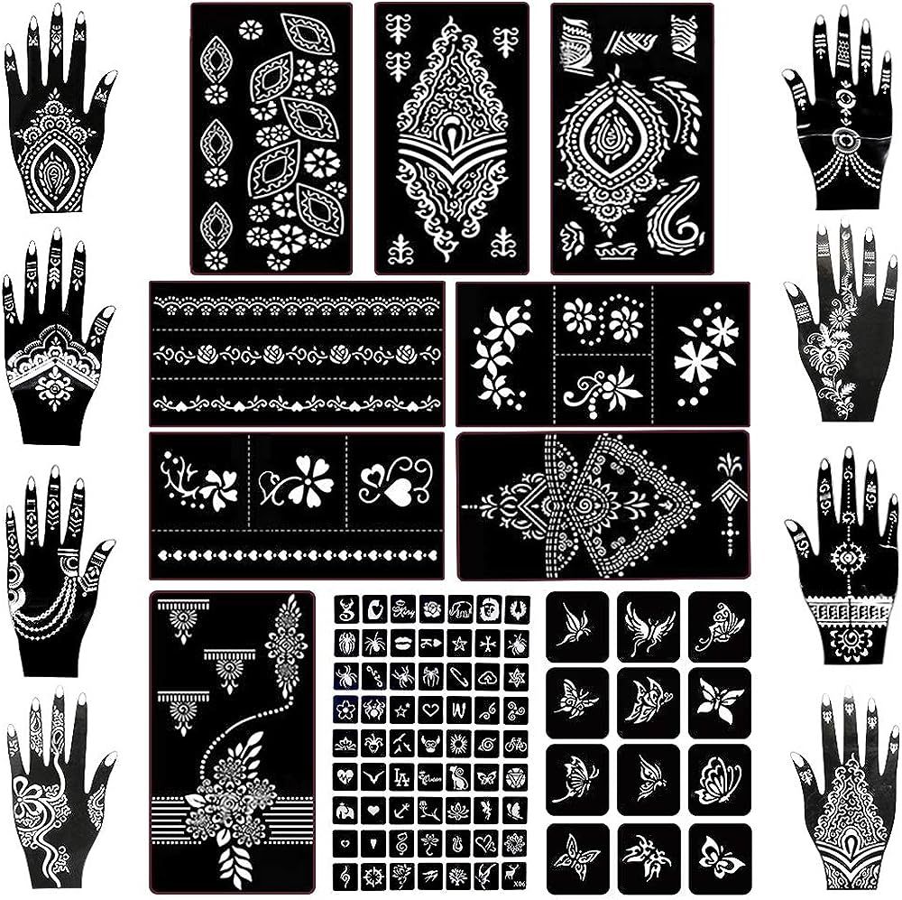 Koogel 18 Sheets Henna Tattoo Stencil Kit, 97 PCS Temporary Glitter Airbrush Flower Tattoo Stenci... | Amazon (US)