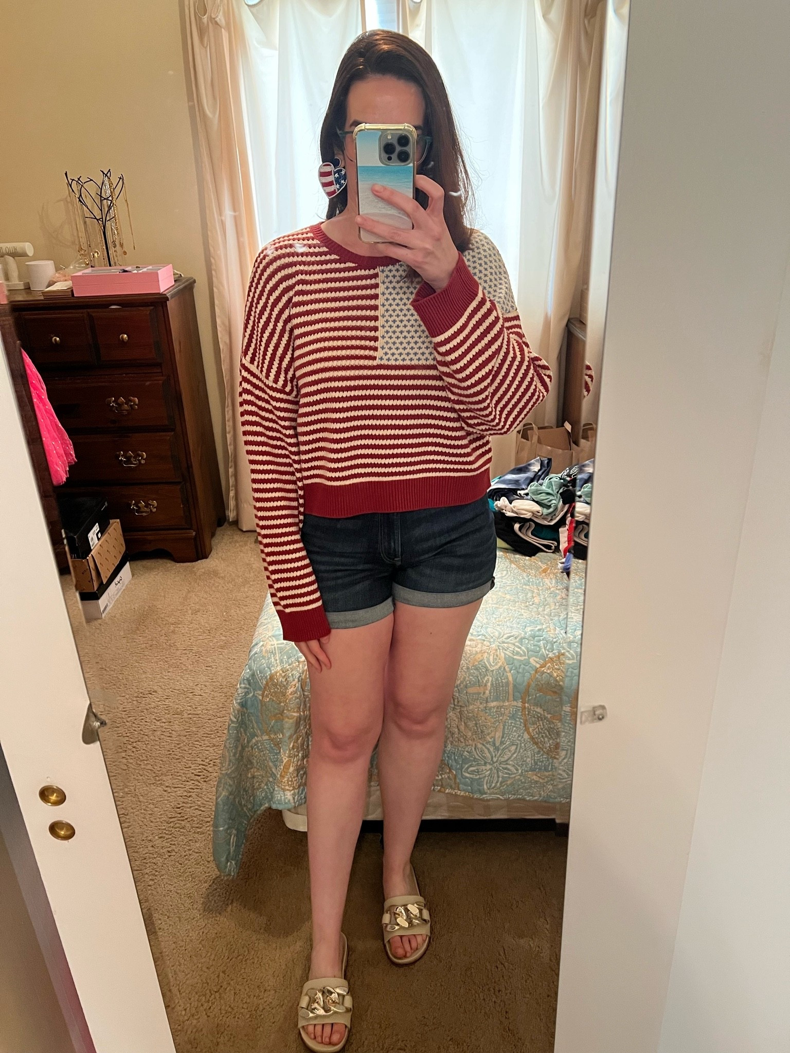 American flag sweater (m). Dark denim shorts (4). Beige gold slides (8.5). #sweater #americanflagsweater #flagsweater #shorts #denimshorts #darkwashshorts #slides #beigeshorts #goldslides #summeroutfits 
summer outfits
summer outfits over 40

#LTKootd #LTKSeasonal