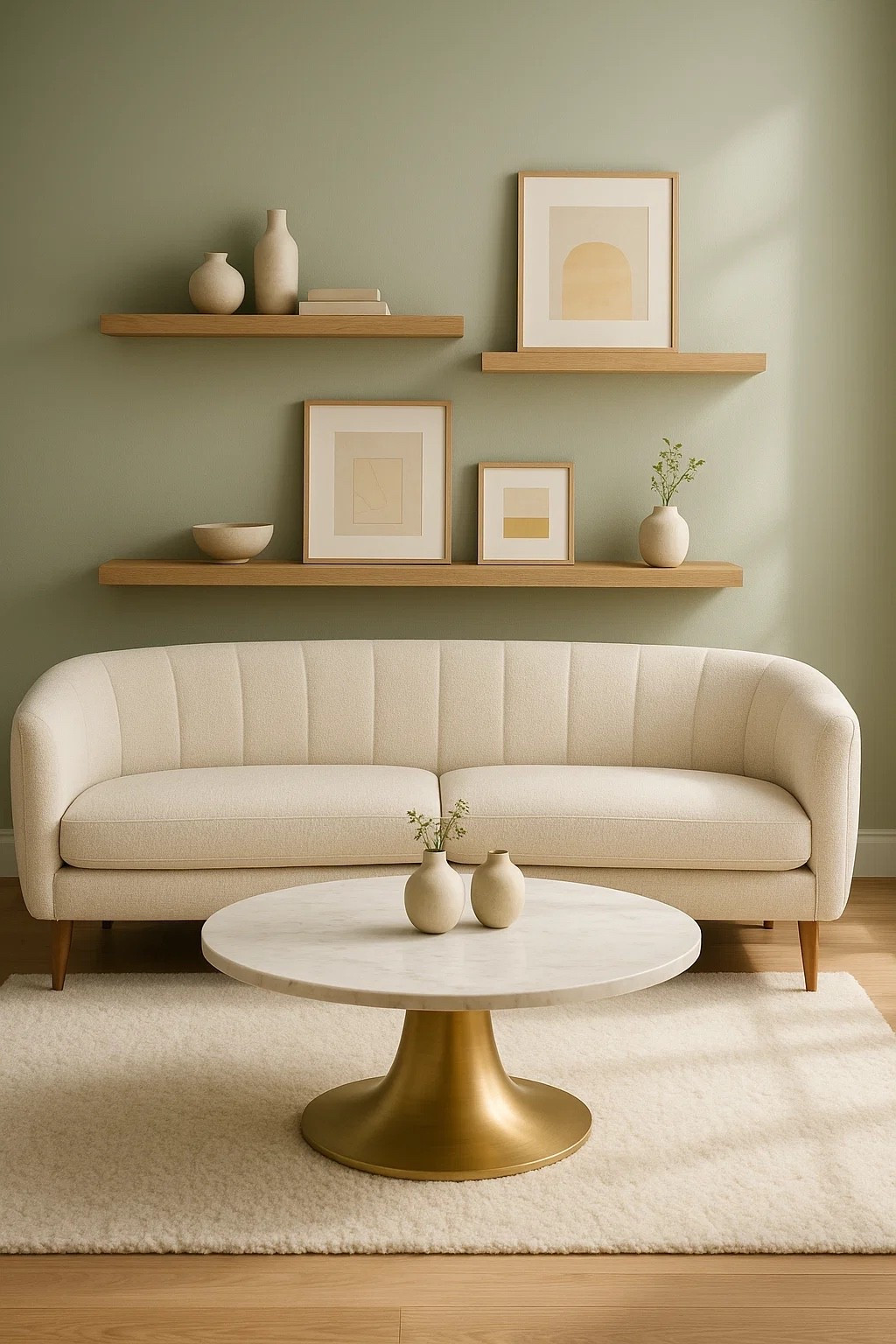 Soft curves and subtle luxe ✨ This creamy tufted sofa shines with a sculptural marble-and-gold coffee table upgrade — proof that a well-sized centerpiece can completely elevate your space.

AI image for inspiration only  