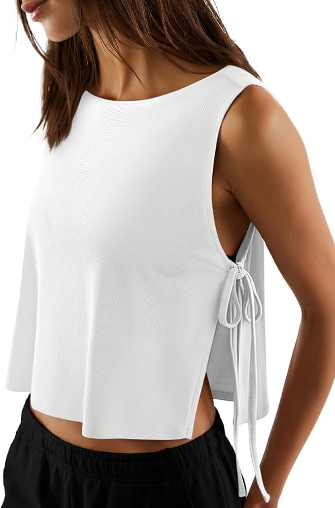 LASLULU Women's Sleeveless Workout Tank Tops Side Tie Sports Gym Running Yoga Exercise Athletic T... | Amazon (US)