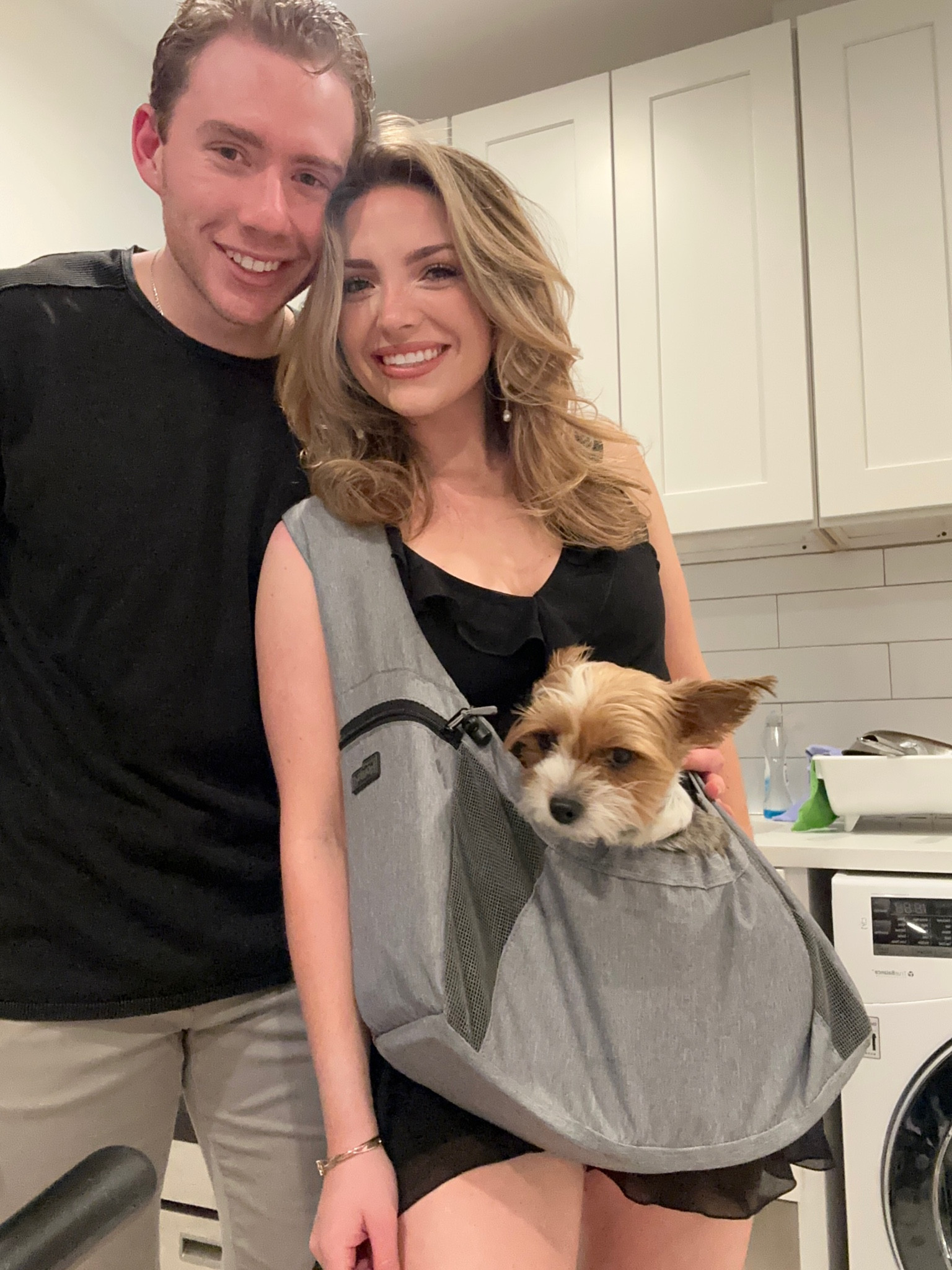 What I wore to my boyfriends birthday dinner ❤️ of course I had to keep bennie in his favorite sling while making everyone margs 😂 