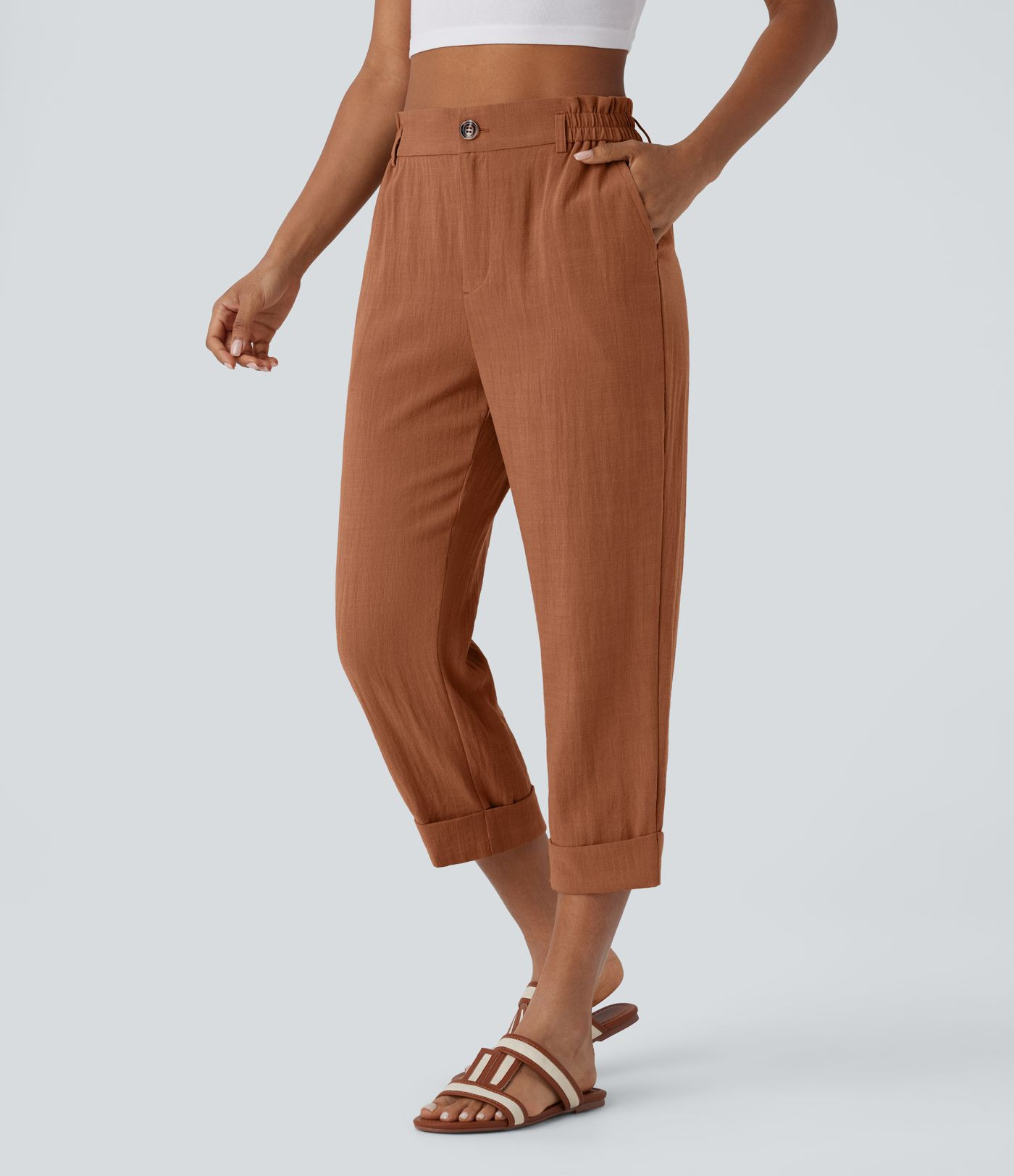 Capri-Hose mit hohem Bund und Seitentaschen - leinen\u00e4hnliches Material | Halara - DE
