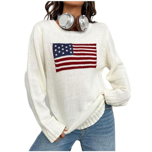 Women's American Flag Sweater Vintage Star Print Long Sleeve Crew Neck Sweater Top 4th of July Knit Top (Flag Pattern-White, L) | Amazon (US)