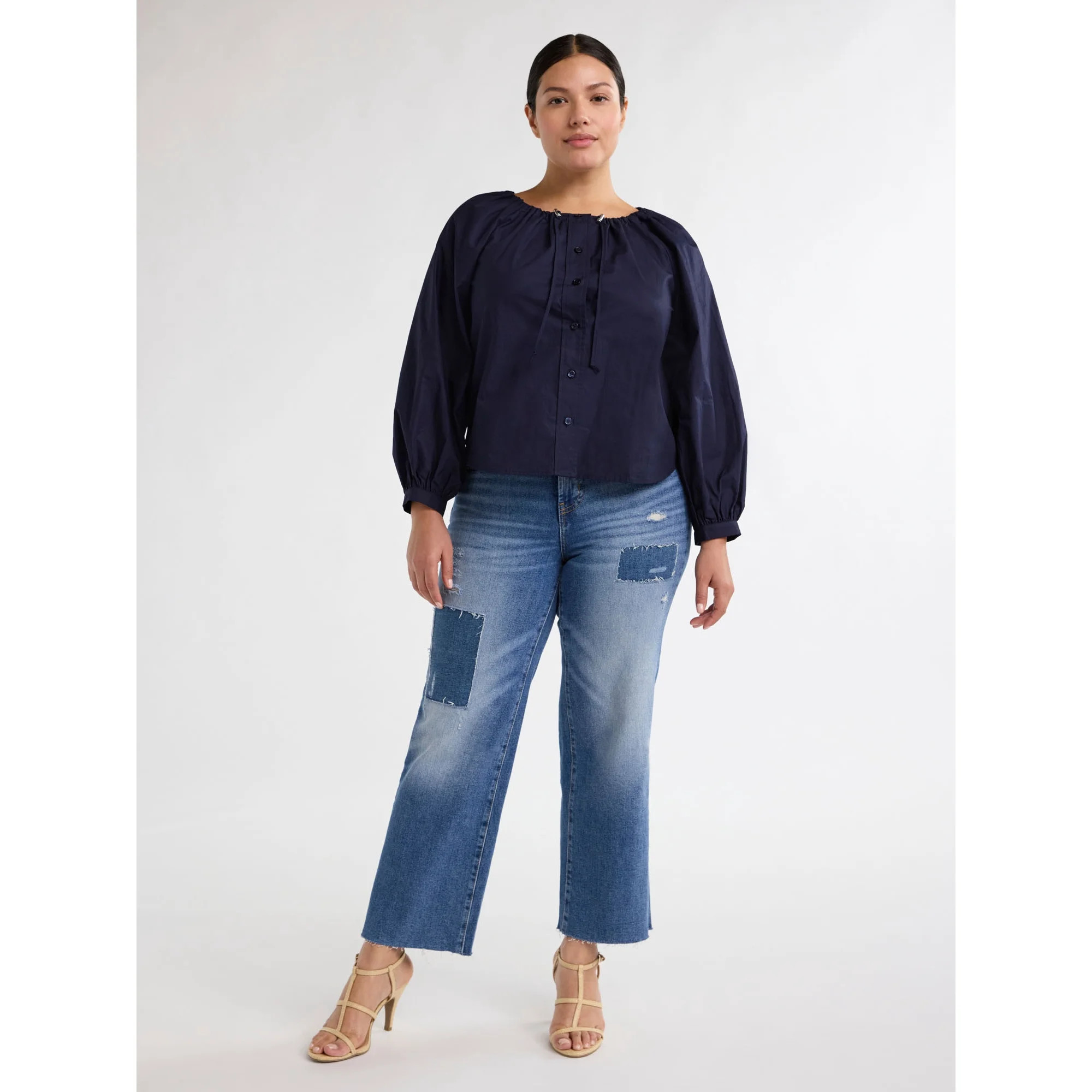 Free Assembly Women's Plus Gathered Neck Cotton Top with Long Sleeves, Sizes 1X-4X | Walmart (US)