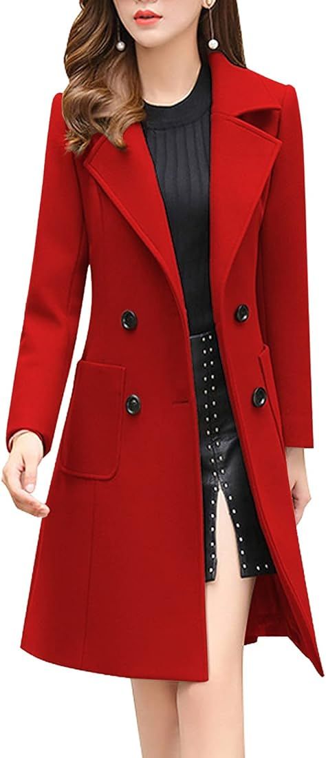 Women Elegant Notched Collar Double Breasted Wool Blend Over Coat | Amazon (CA)