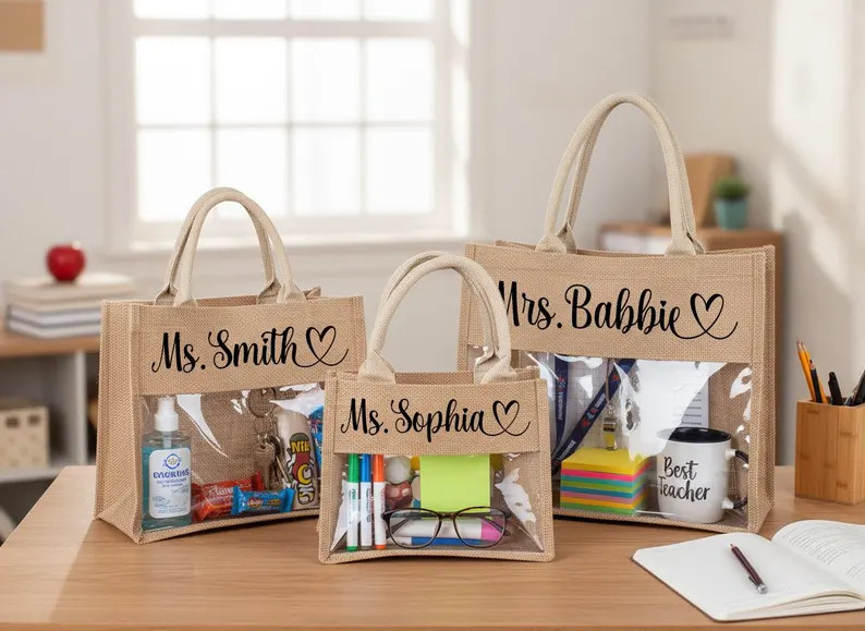 Personalized Teacher Tote Bag, Clear Window Burlap Totes, Teacher Appreciation Gift - Etsy | Etsy (US)
