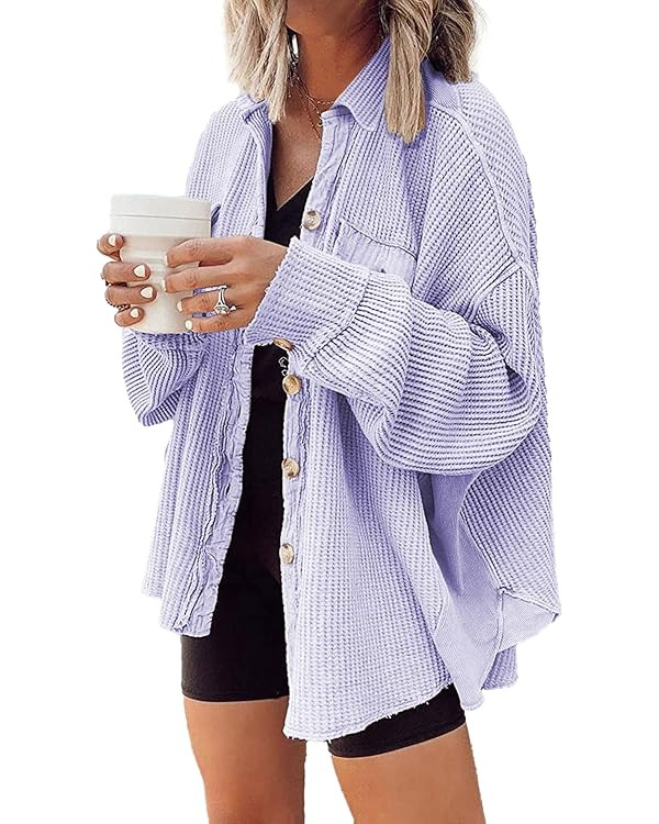 Nirovien Womens Waffle Knit Shacket Oversized Button Down Shirt Jacket Lightweight Long Sleeve To... | Amazon (US)