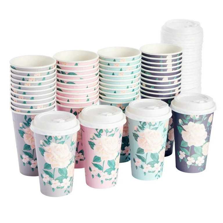 48 Pack Disposable 16oz Coffee Cups with Lids, Floral Paper To Go Coffee Cups for Flower-Themed B... | Walmart (US)