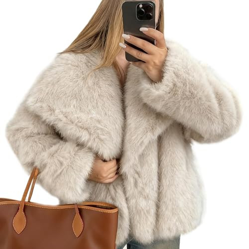 FSVABY Womens Cropped Fluffy Faux Fur Coat Open Front Long Sleeve Furry Jacket with Pockets (Apricot, X-Large) | Amazon (US)