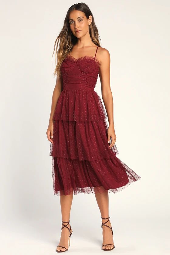 Sweetheart Style Burgundy Polka Dot Bustier Tiered Midi Dress | Lulus (US)