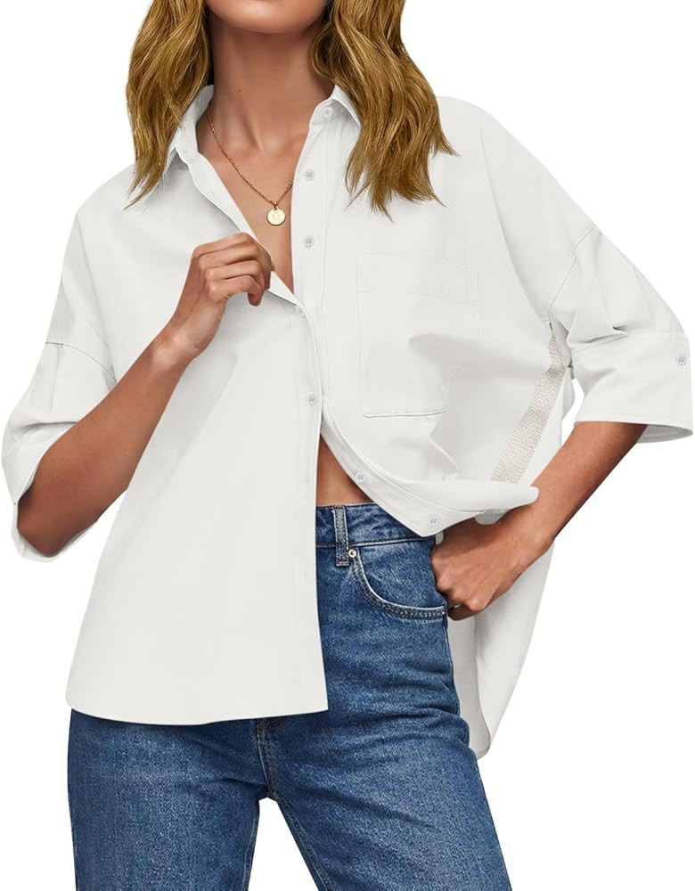 Cicy Bell Womens Summer Oversized Button Down Shirts Half Sleeve V Neck Business Casual High Low ... | Amazon (US)