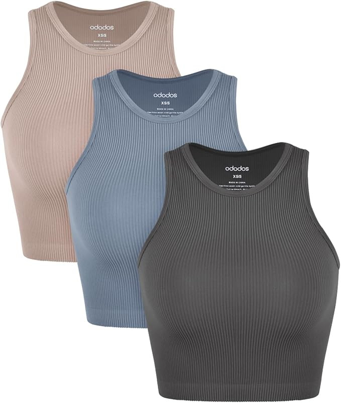 Amazon.com: ODODOS 3-Pack Seamless Crop Tank for Women Ribbed Soft High Neck Cropped Tops, Charco... | Amazon (US)