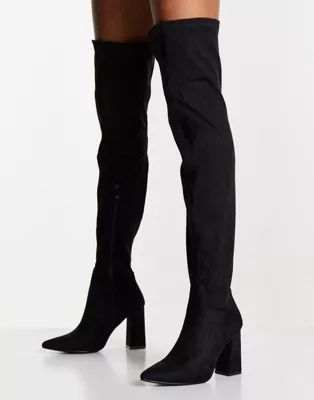 Truffle Collection thigh high heeled boots in black | ASOS (Global)