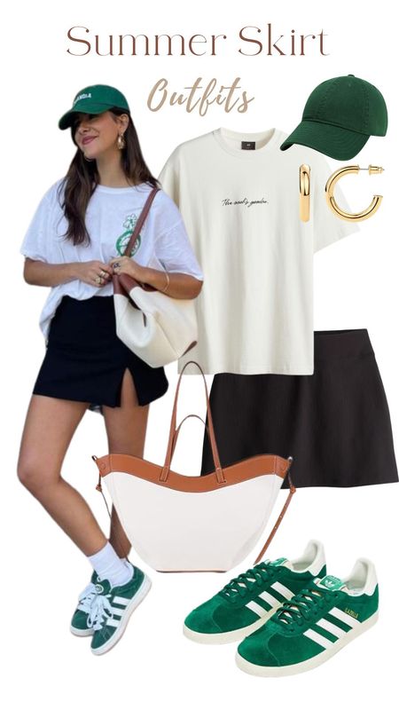 Summer skirt outfits, black skirt, white t shirt, green cap, brown tote bag, summer outfits 

#LTKstyletip #LTKtravel #LTKfindsunder50