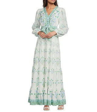 Woven Floral Print Deep V-Neck Long Bubble Sleeve Tiered A-Line Flounce Maxi Dress | Dillard's