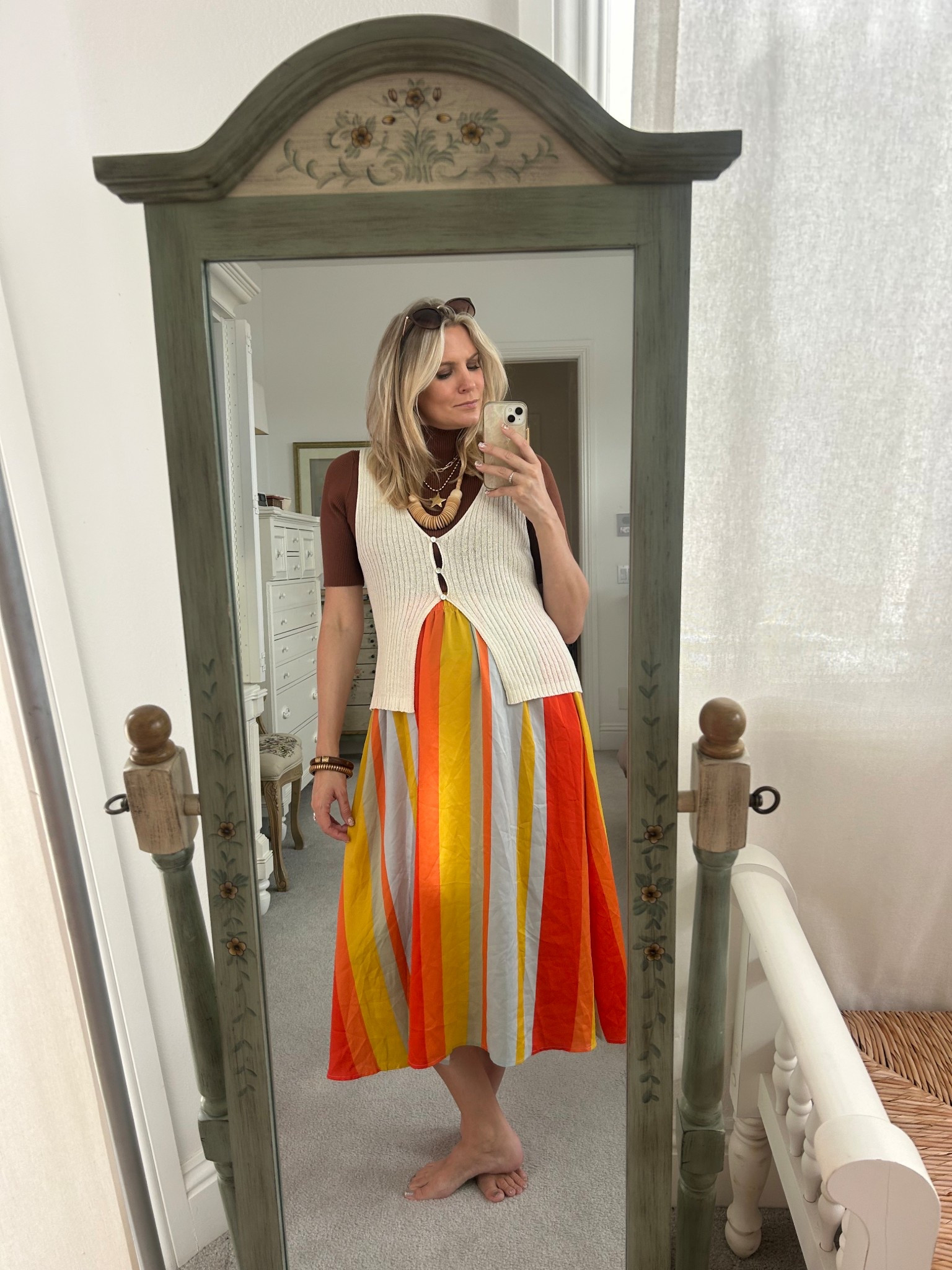 I love when an outfit matches your mood! #maxiskirtoutfit #maxiskirt #knitvest #mockneck #stackedneckkaces #funoutfitideas #outfitidea #falloutfit #maternityfashion #vintagevibes 

#LTKFindsUnder50 #LTKFindsUnder100 #LTKBump