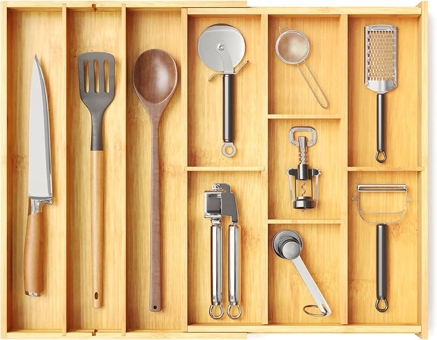 SpaceAid Bamboo Utensil Drawer Organizer with Labels, Kitchen Silverware Expandable Tray Holder O... | Amazon (US)