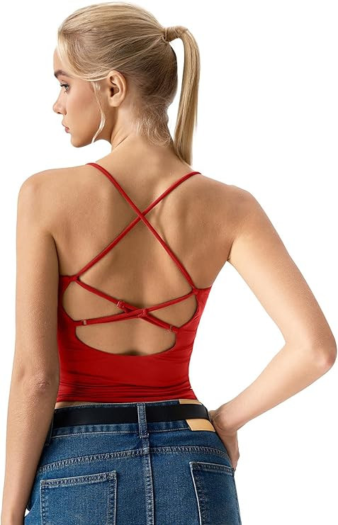 QINSEN Womens Cross Back Tank Top V Neck Double Lined Camisole Top Sleeveless Spaghetti Strap Goi... | Amazon (US)