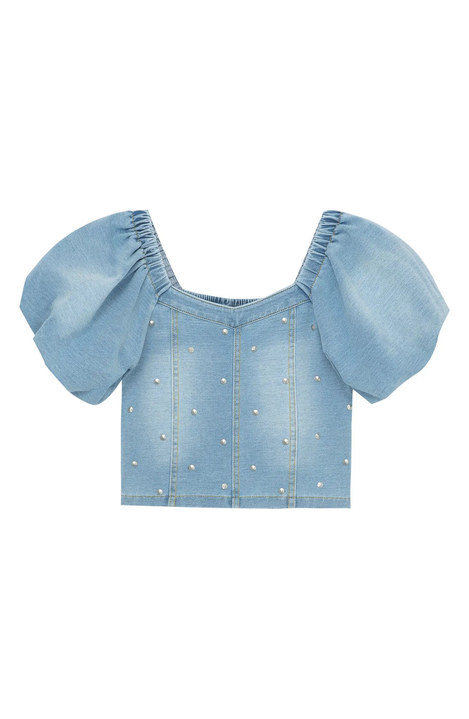 Kids' Crop Stud Puff Sleeve Cotton Blend Chambray Top | Nordstrom