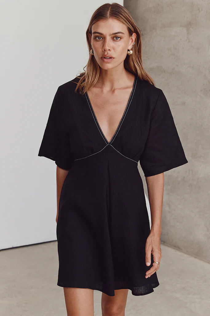 RHODES BLACK LINEN MINI DRESS | DISSH