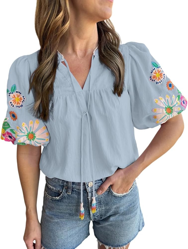 Women's Casual Floral Embroidered V Neck Boho Puff Short Sleeve Shirts Loose Tunic Summer Blouses... | Amazon (US)