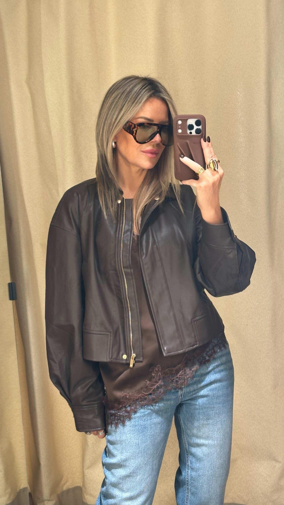 Brown & denim 🤎 #fauxleatherjacket #brownjacket #lacecami #outfitideas 

#LTKwinter #LTKover50style #LTKautumn