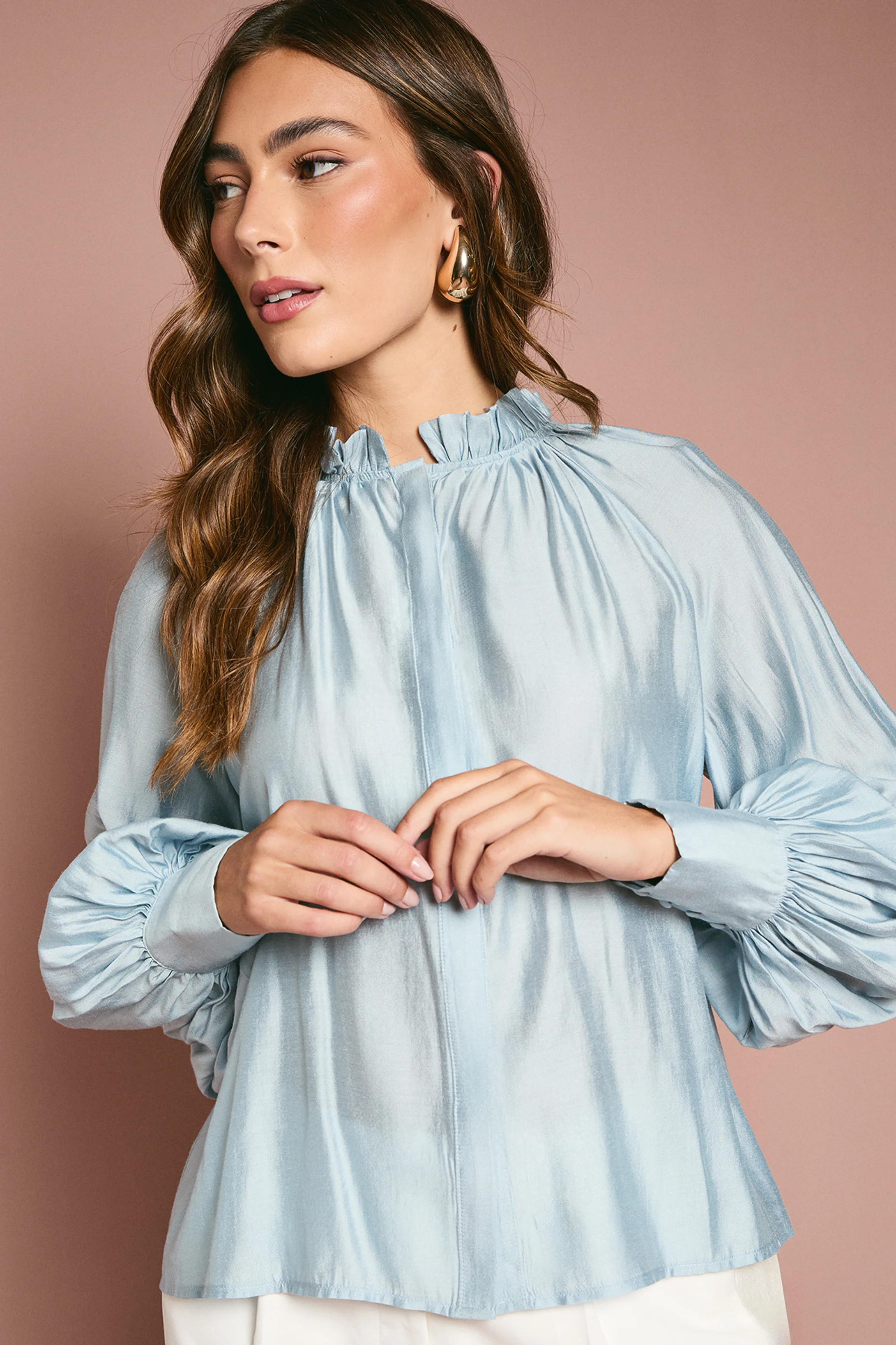 Long Sleeve High Neck Blouse With Blouson Sleeve | Karen Millen UK + IE + DE + NL