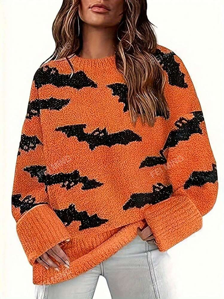 Pattern Design Loose Fit Crew Neck Bat Jacquard Knit Sweater, Halloween | SHEIN
