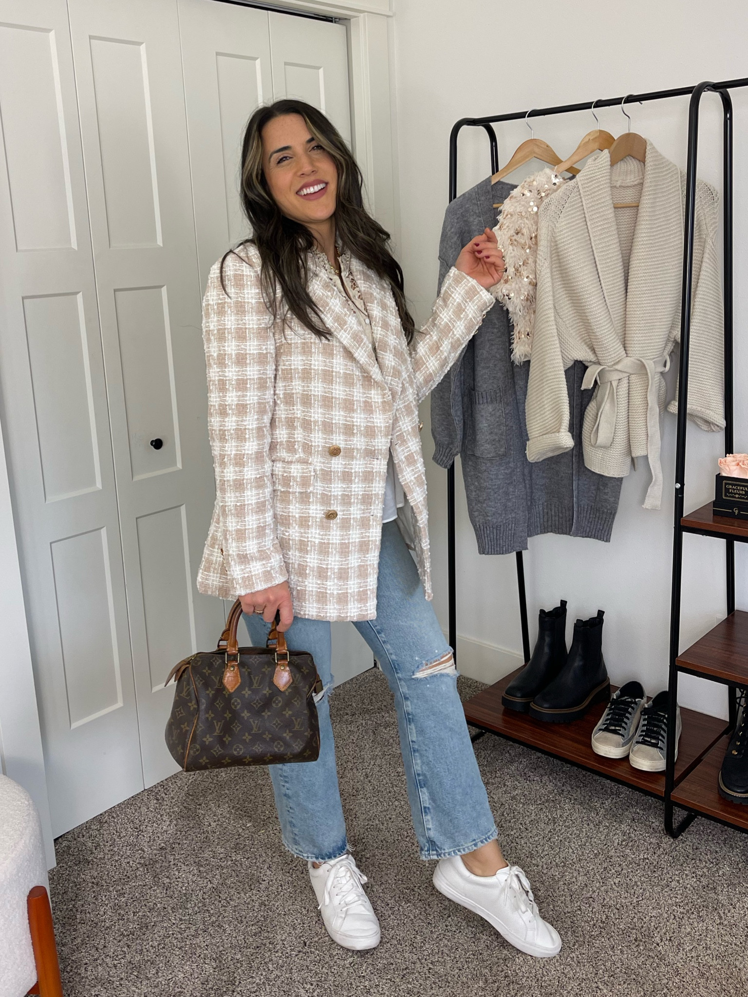 Casual chic style | feminine style | tweed blazer | mom style | outfit idea | ag jeans | feminine fashion | casual workwear | white sneakers | target | chic wish 

#LTKfindsunder100 #LTKsalealert #LTKSeasonal
