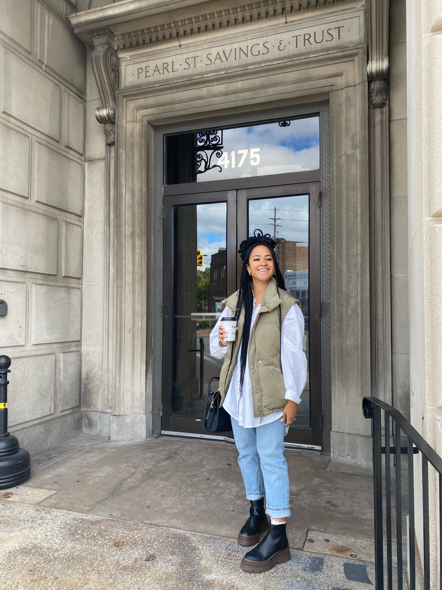 Coffee shop adventures in Cleveland! 
#vest #momjeans #oversized #boots #chunkyboots #coffeedate #casual #casualcute #boho #minimal #rainyday #simple #green #white #blue #green #olivegreen #sale

#LTKSeasonal #LTKfit #LTKsalealert