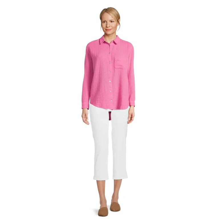 Time and Tru Women’s Double Cloth Shirt with Long Sleeves, Sizes XS-XXXL - Walmart.com | Walmart (US)