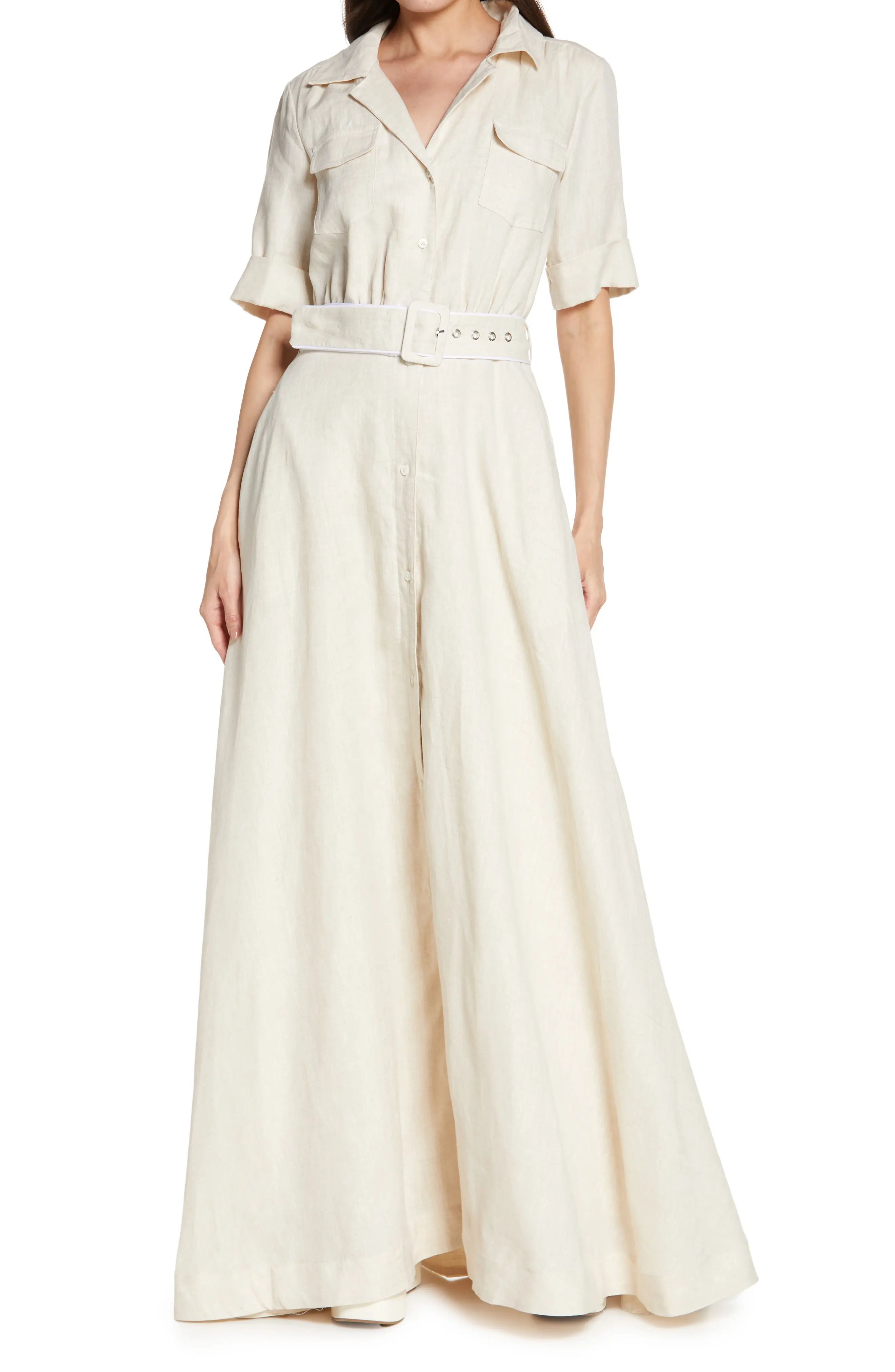 STAUD Millie Belted Linen Maxi Shirtdress in Natural/White at Nordstrom, Size 00 | Nordstrom