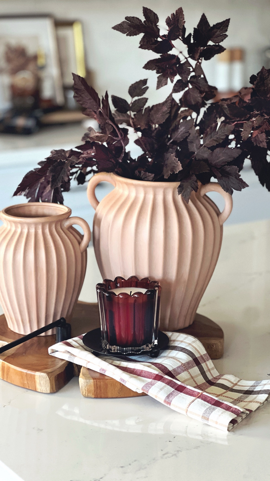 Easy island or table decor using my easy sty style formula of a base, a vase and a sister vase plus stems a candle a hand towel! Fall stems, fall candle, fall hand towel, kitchen, island decor, vase decor, large wood tray, wood wedge tray

#LTKHome #LTKSeasonal