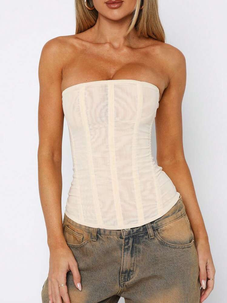 Women's Vintage Strapless Corset Tops Zip Back Boned Mesh Bustier Bodyshaper Tube Top | SHEIN