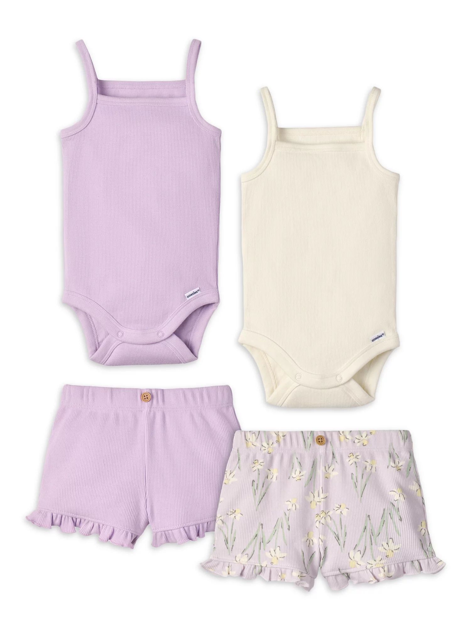 Modern Moments by Gerber Baby Girl Ribbed Bodysuits and Shorts Outfit Sets, 4-Piece, 0/3 -24 Mont... | Walmart (US)