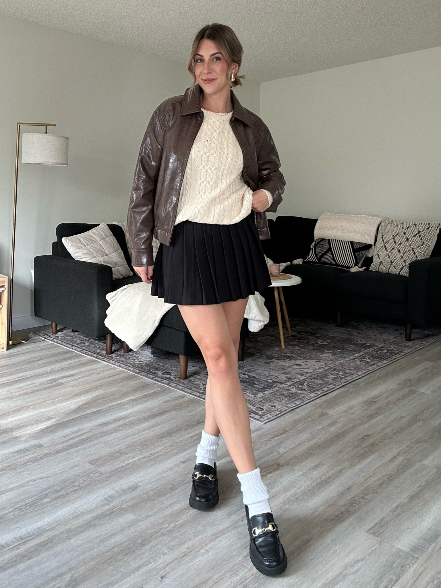 Oak + Fort bomber jacket 
Amazon sweater size large 
Oak + fort skirt 
Aritzia socks 


#LTKsale #LTKautumn #LTKcanada