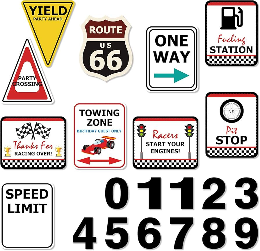 WERNNSAI Checkered Racing Party Decorations - 10PCS Funny Race Car Signs for Boys Paper Road Rout... | Amazon (US)