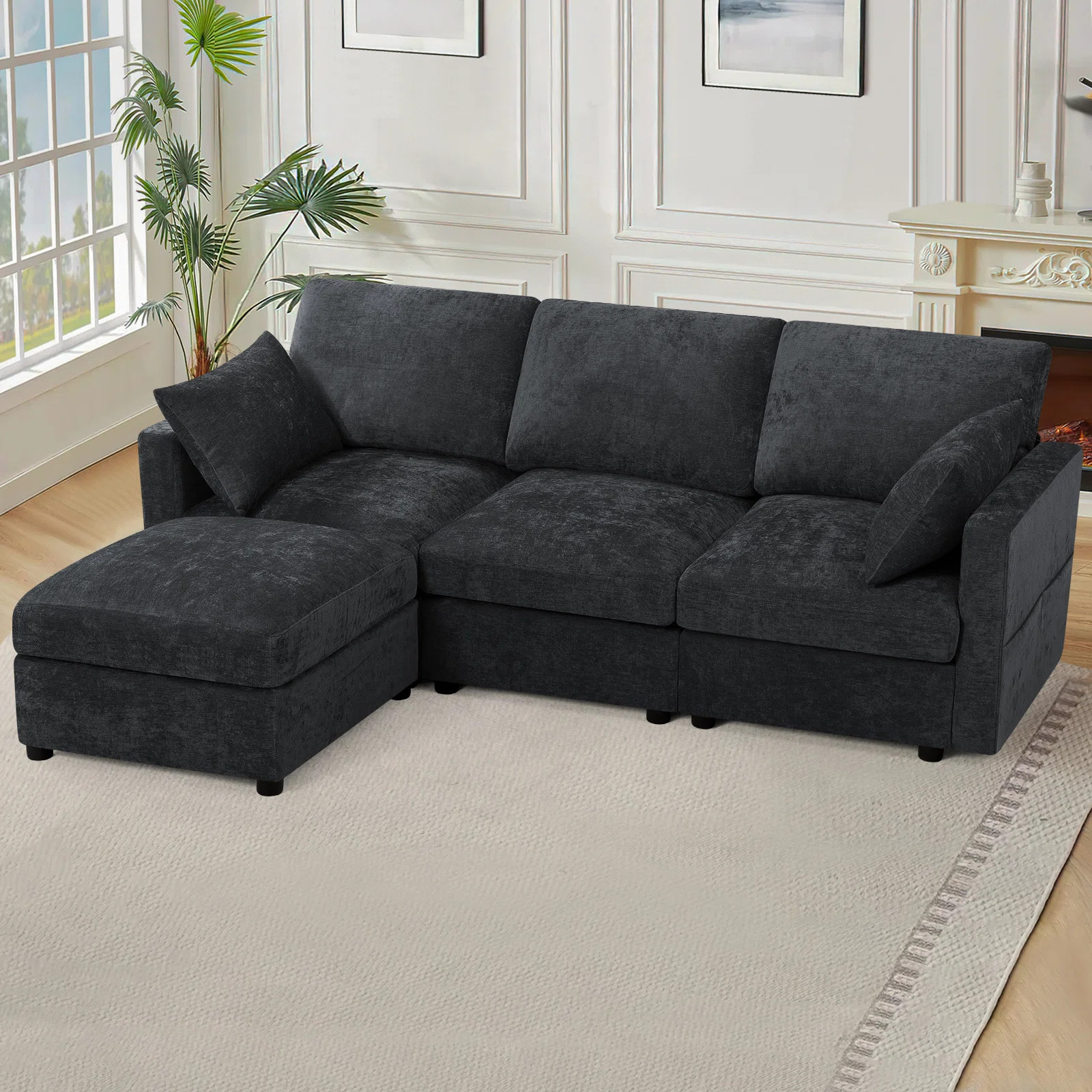 84" Chenille Sectional Sofa With Reversible Ottoman, Modern Couch With Upholstered Cushion, Comfy 3-Seat Sofa For Living Room, Office | Wayfair North America