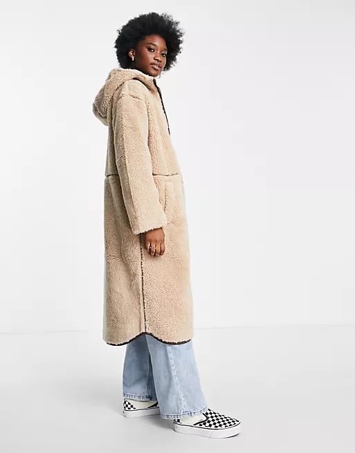 ASOS DESIGN fleece coat with contrast stitching in camel | ASOS (Global)