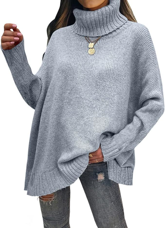 Womens Turtleneck Sweaters Long Sleeve Pullover Oversized Knit Sweater Side Split Loose Slouchy S... | Amazon (US)