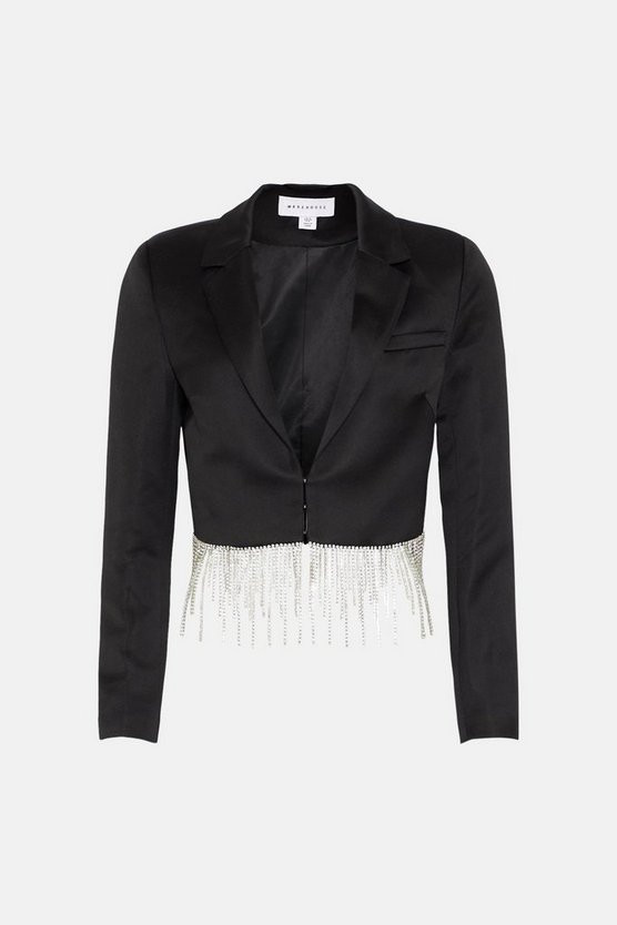 Diamante Trim Cropped Blazer | Warehouse UK & IE